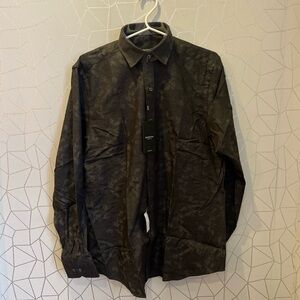 NWT $180 Bugatchi Mens Shaped Fit Shirt~Super Fine Cotton~Gray~unique Pattern L